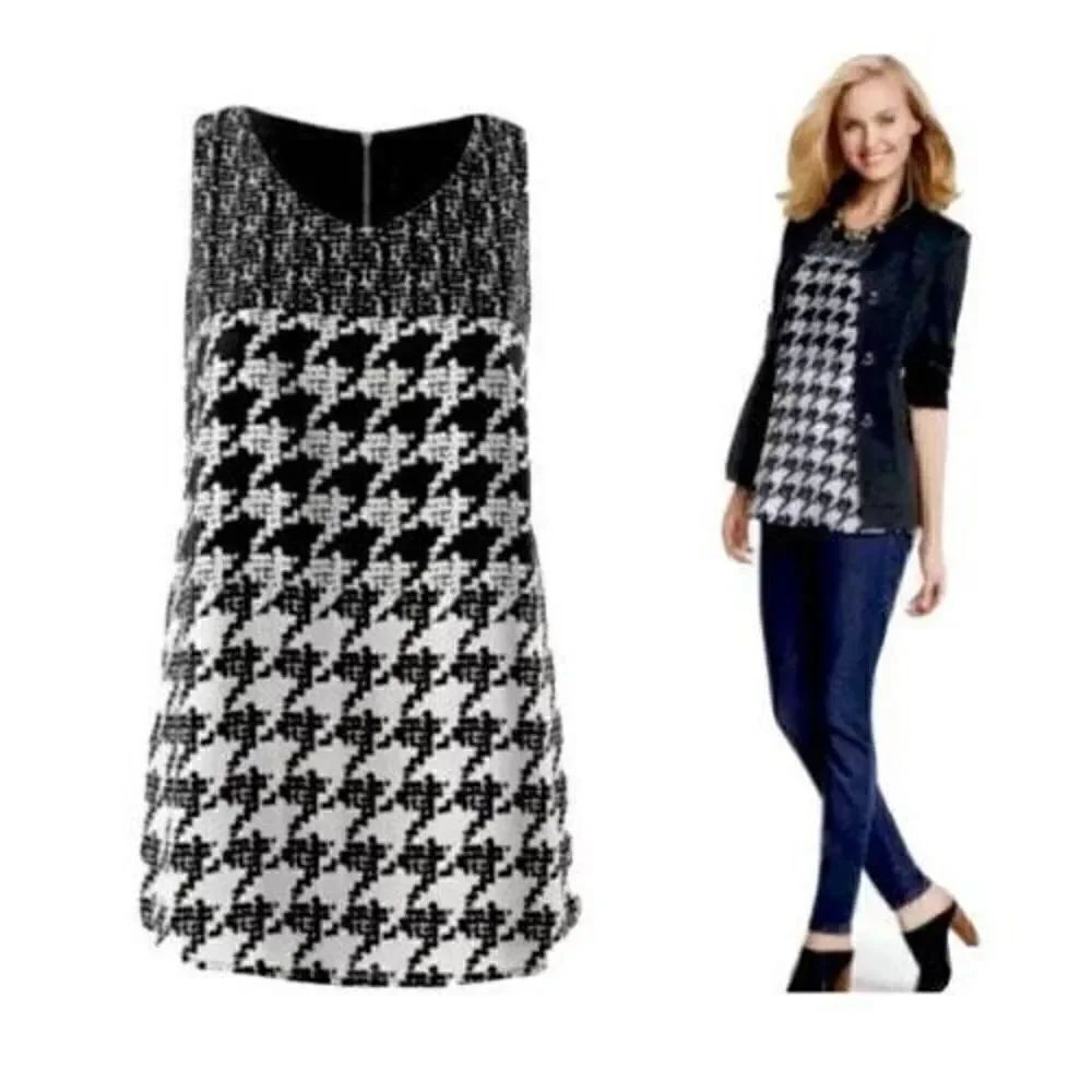 Cabi Blouse Pullover Top Broken Check Houndstooth Sleeveless Lined Black Sz S.
A